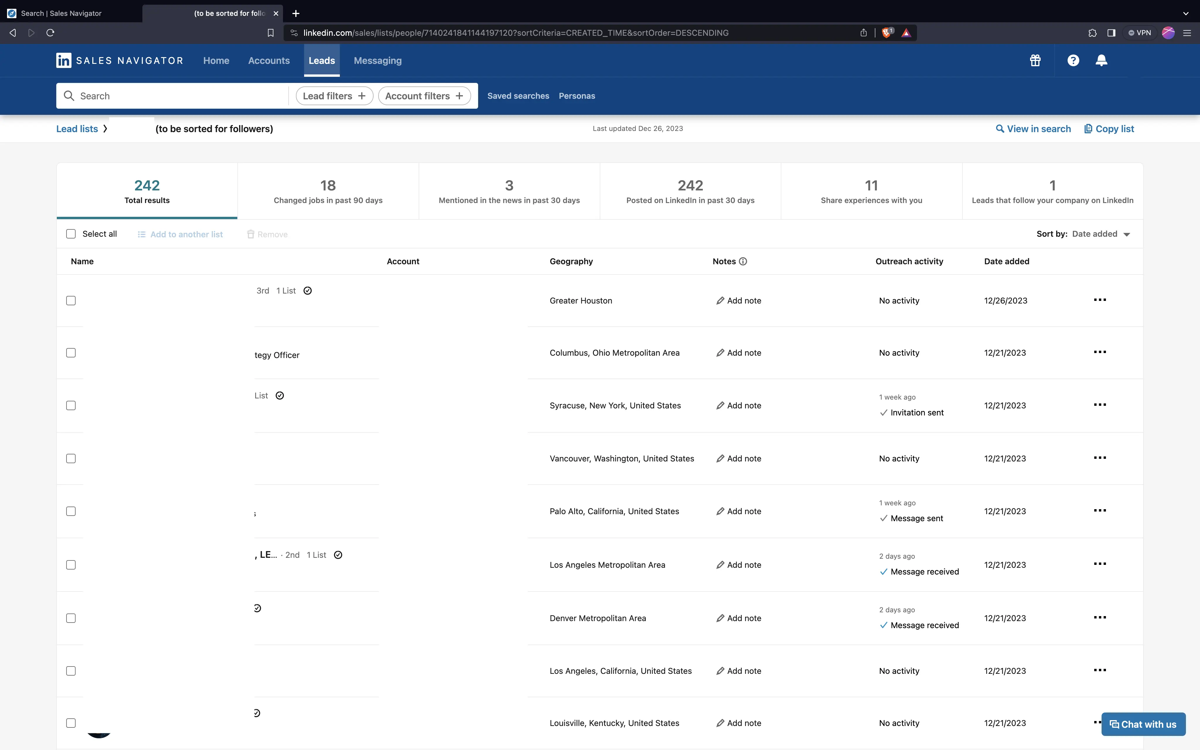 LinkedIn Sales Navigator lead list